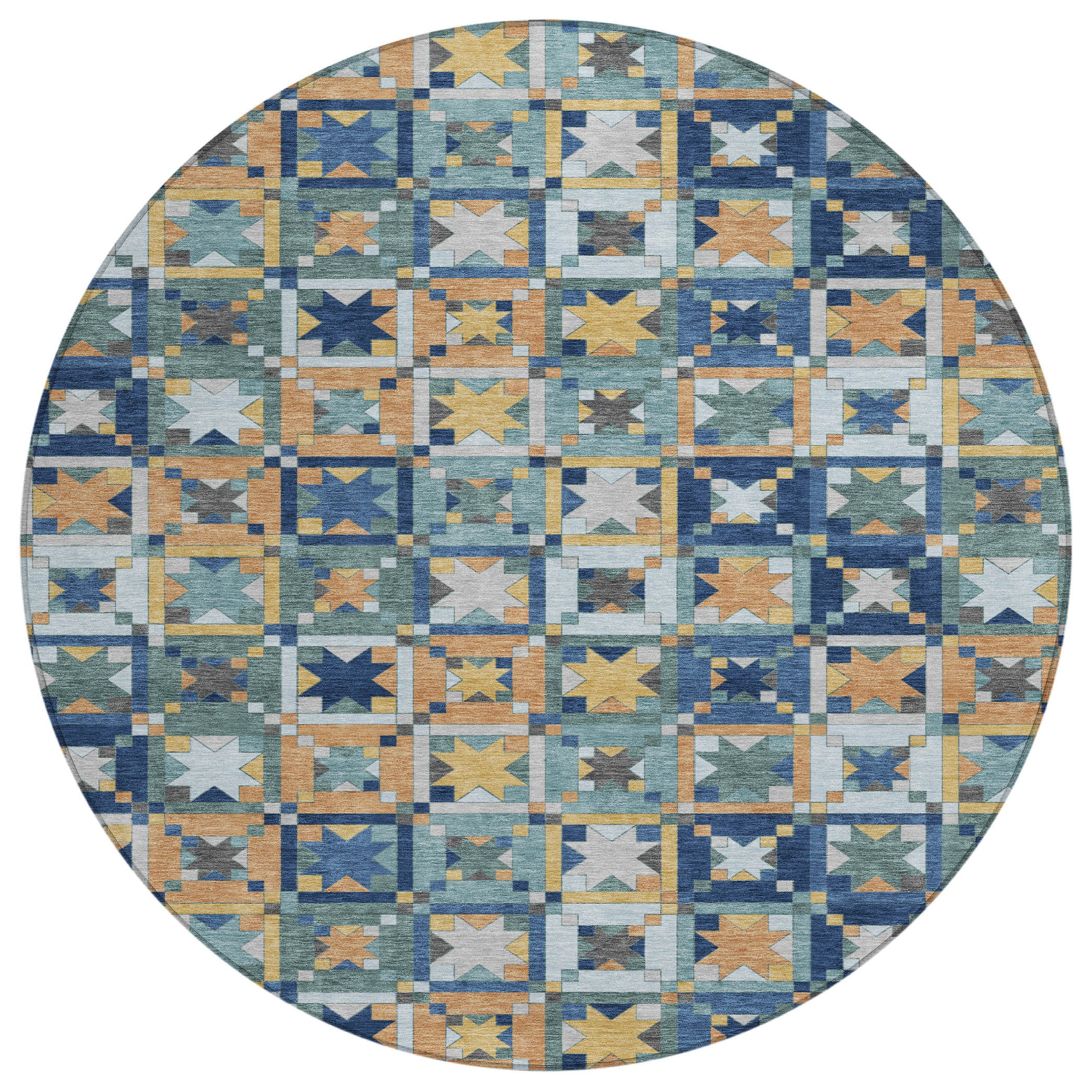 8' Teal Blue And Copper Round Patchwork Washable Indoor Outdoor Area Rug - Sports & Outdoor