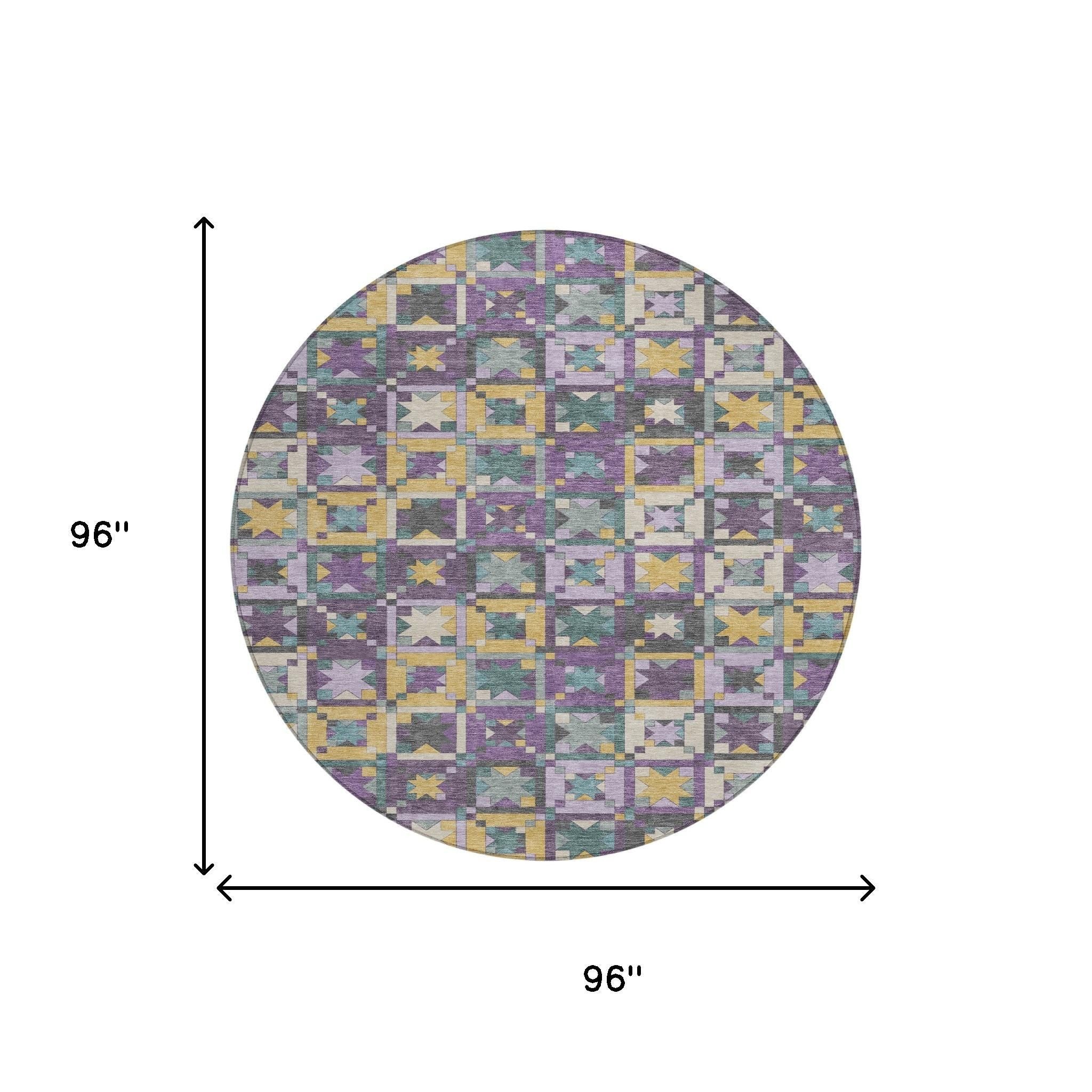 Round 96" patterned area rug in purple, yellow, and teal geometric designs, perfect for stylish living spaces.
