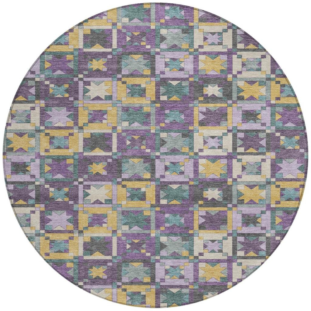 Round multicolor geometric area rug in purple, yellow, and teal, featuring a vibrant star pattern on durable fabric.