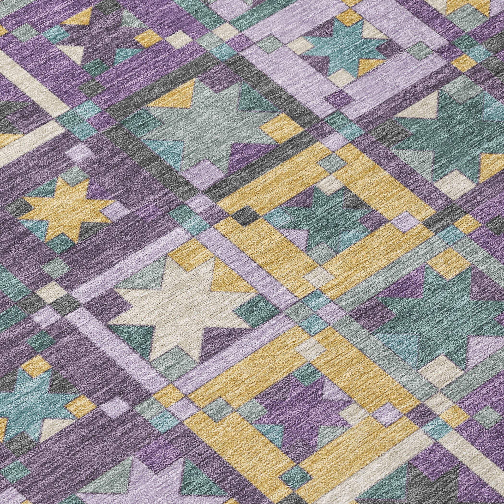 Multicolored geometric area rug featuring stars in purple, teal, yellow, and gray tones; plush and stylish design.
