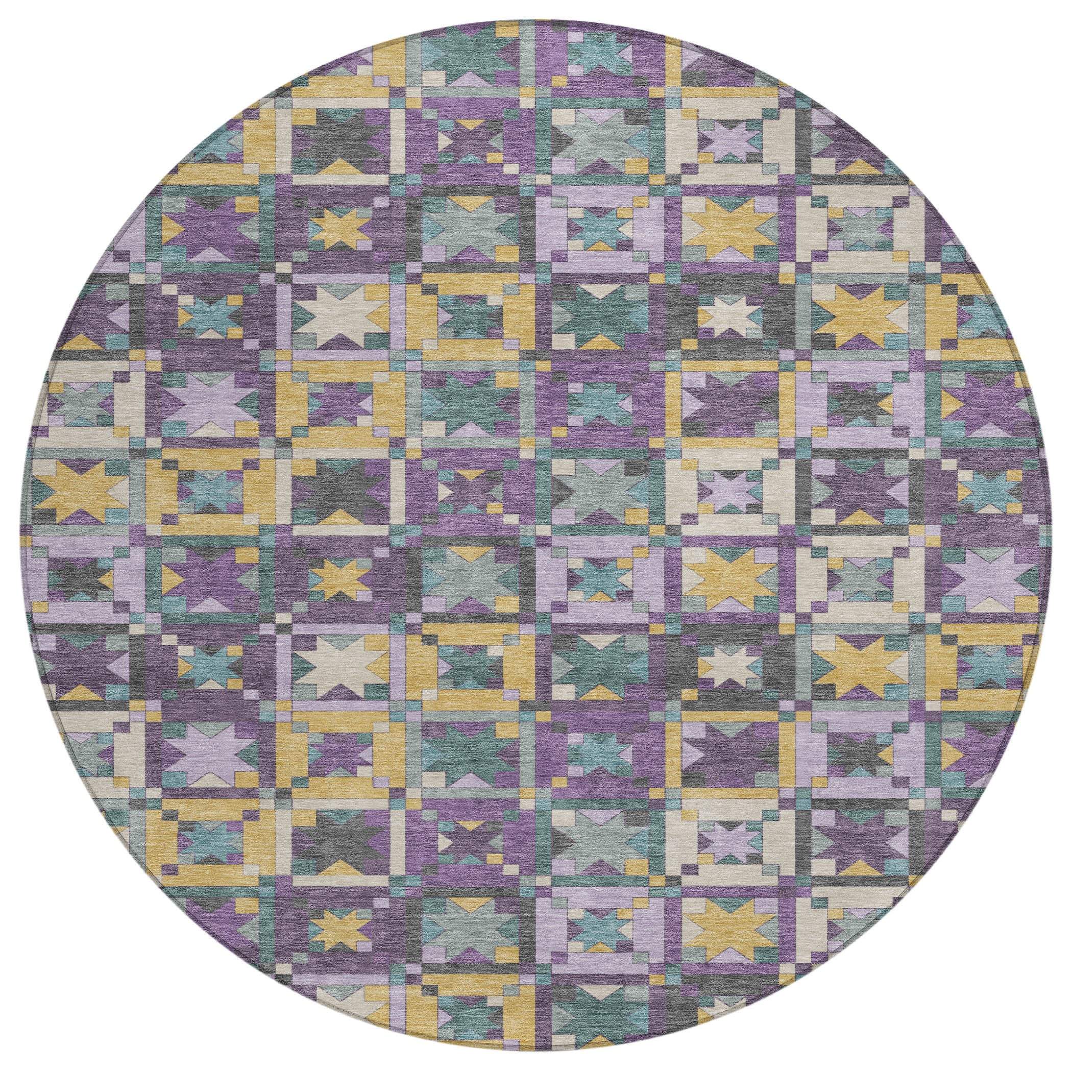 Round geometric area rug in purple, yellow, and teal, featuring a vibrant star pattern. Ideal for modern decor.