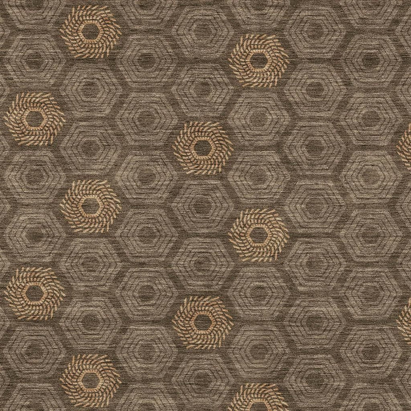 Gray rug with repeating brown circular medallions over a hexagon geometric pattern
