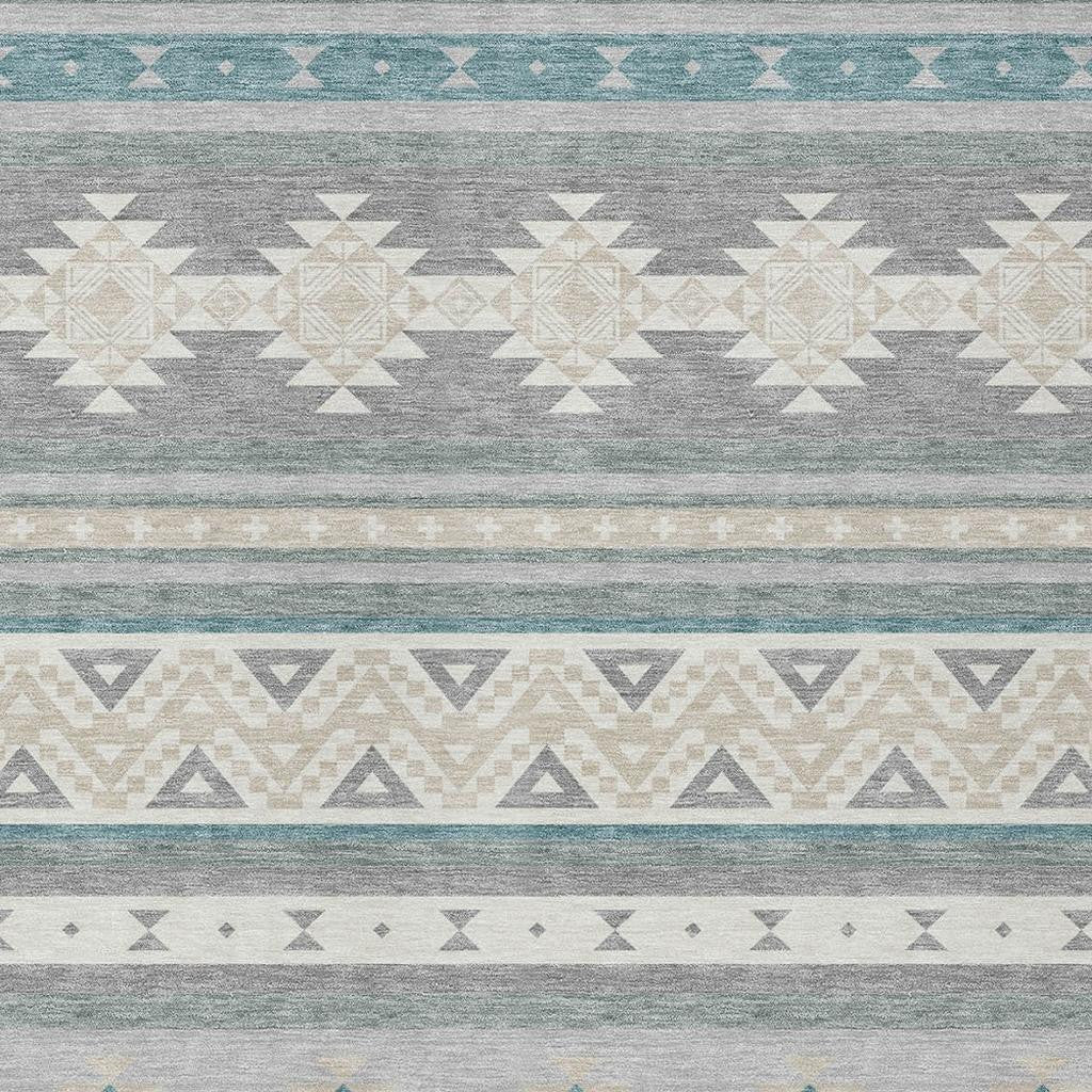 10' X 14' Silver And Teal Blue Southwestern Washable Indoor Outdoor Area Rug - Sports & Outdoor