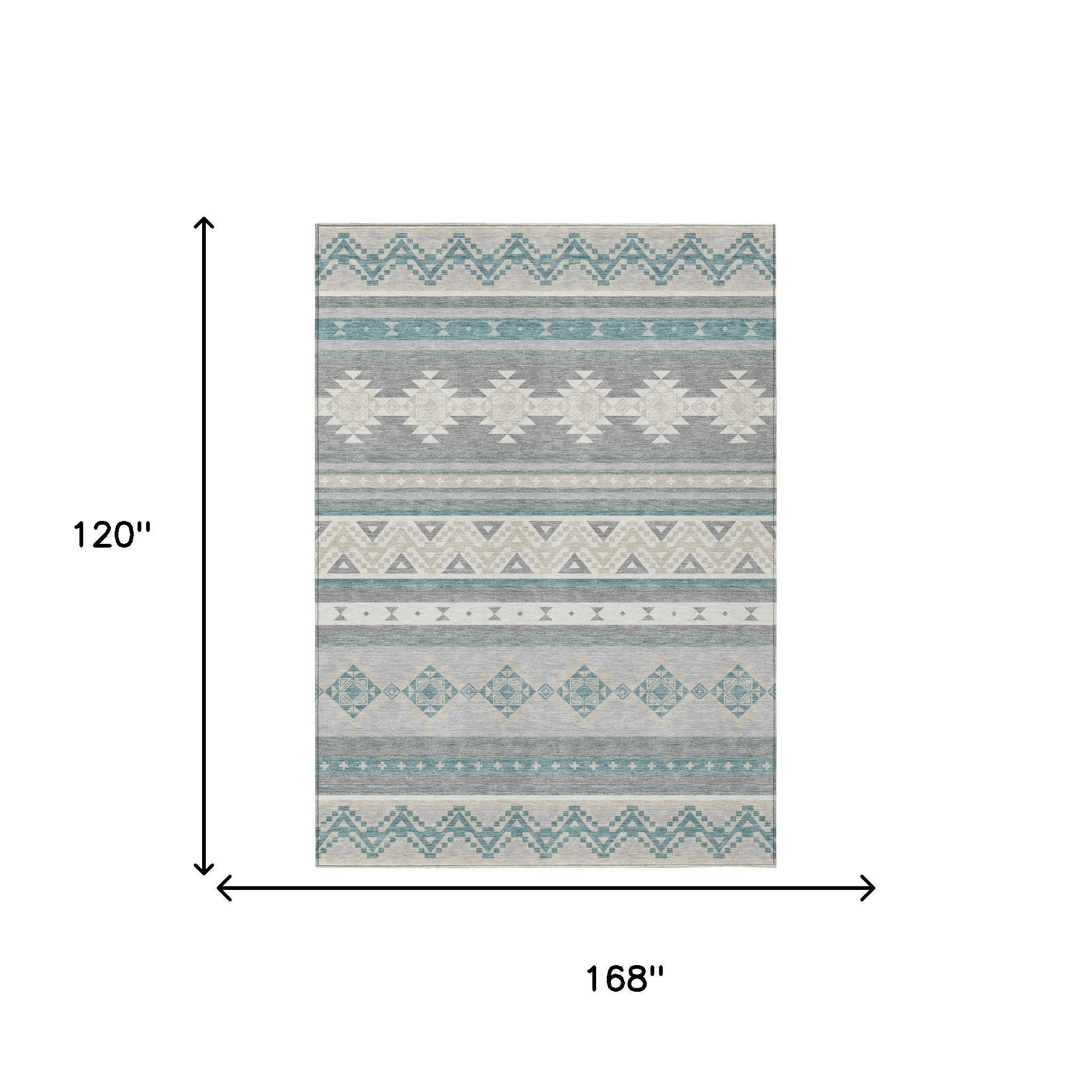 10' X 14' Silver And Teal Blue Southwestern Washable Indoor Outdoor Area Rug - Sports & Outdoor
