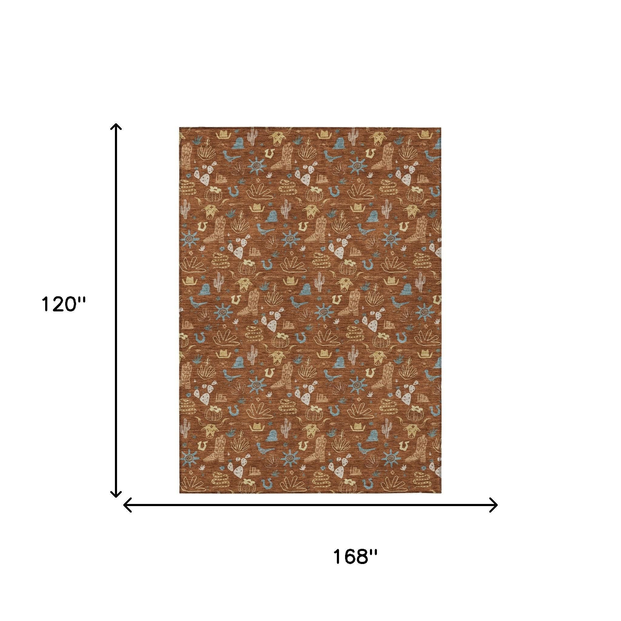 10' X 14' Orange And Copper Cactus Washable Indoor Outdoor Area Rug - Sports & Outdoor