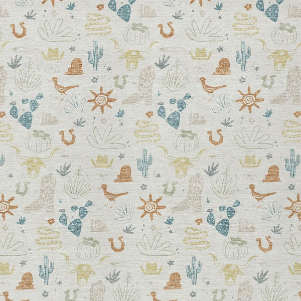 Ivory area rug with colorful desert cactus and sun motif pattern, all-over repeat design