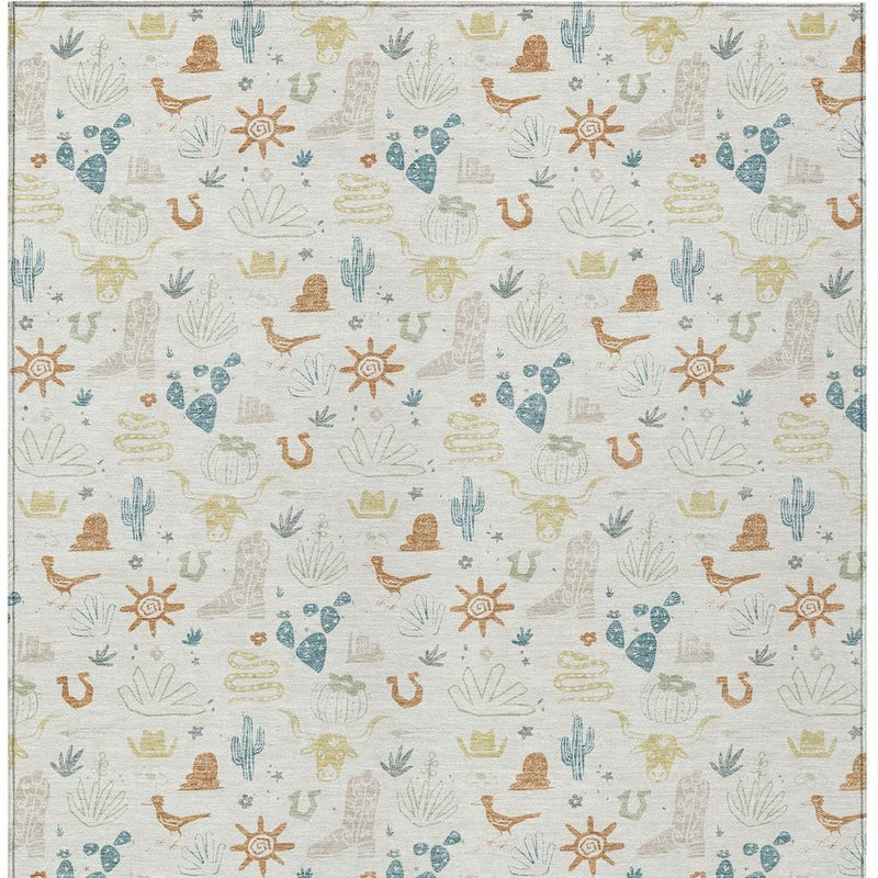Ivory cactus-themed area rug with multicolor desert icons and repeating pattern across surface