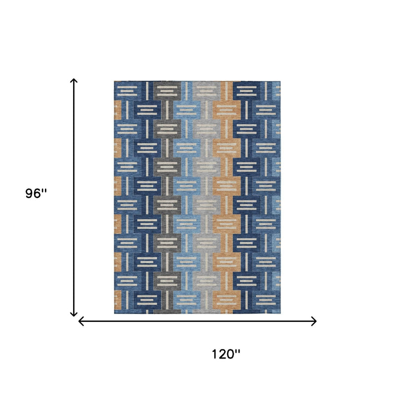 Geometric area rug with navy, blue and tan pattern, 120" x 96"