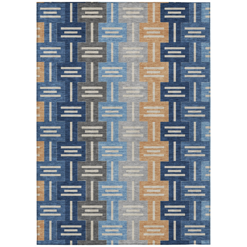 Geometric navy-blue area rug with tan and gray vertical bar blocks
