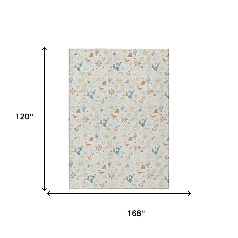 Rectangular ivory cactus motif area rug with desert icon pattern, shown with 168 in x 120 in size