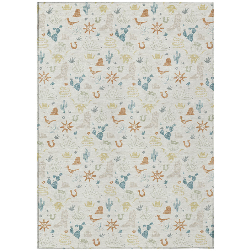 Full view of ivory cactus-themed area rug with multicolor desert icons and even border