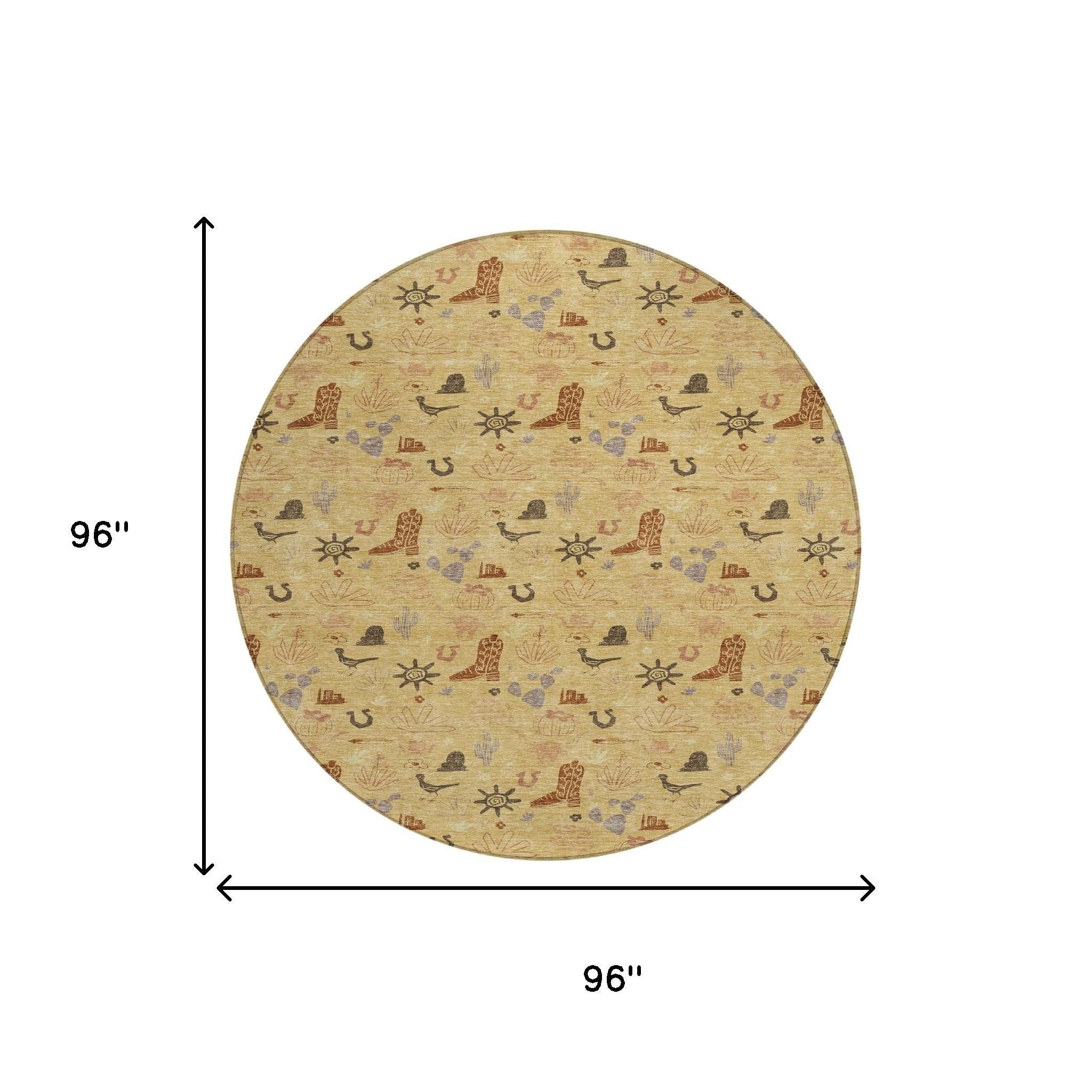 8' Gold And Orange Round Cactus Washable Indoor Outdoor Area Rug - Sports & Outdoor