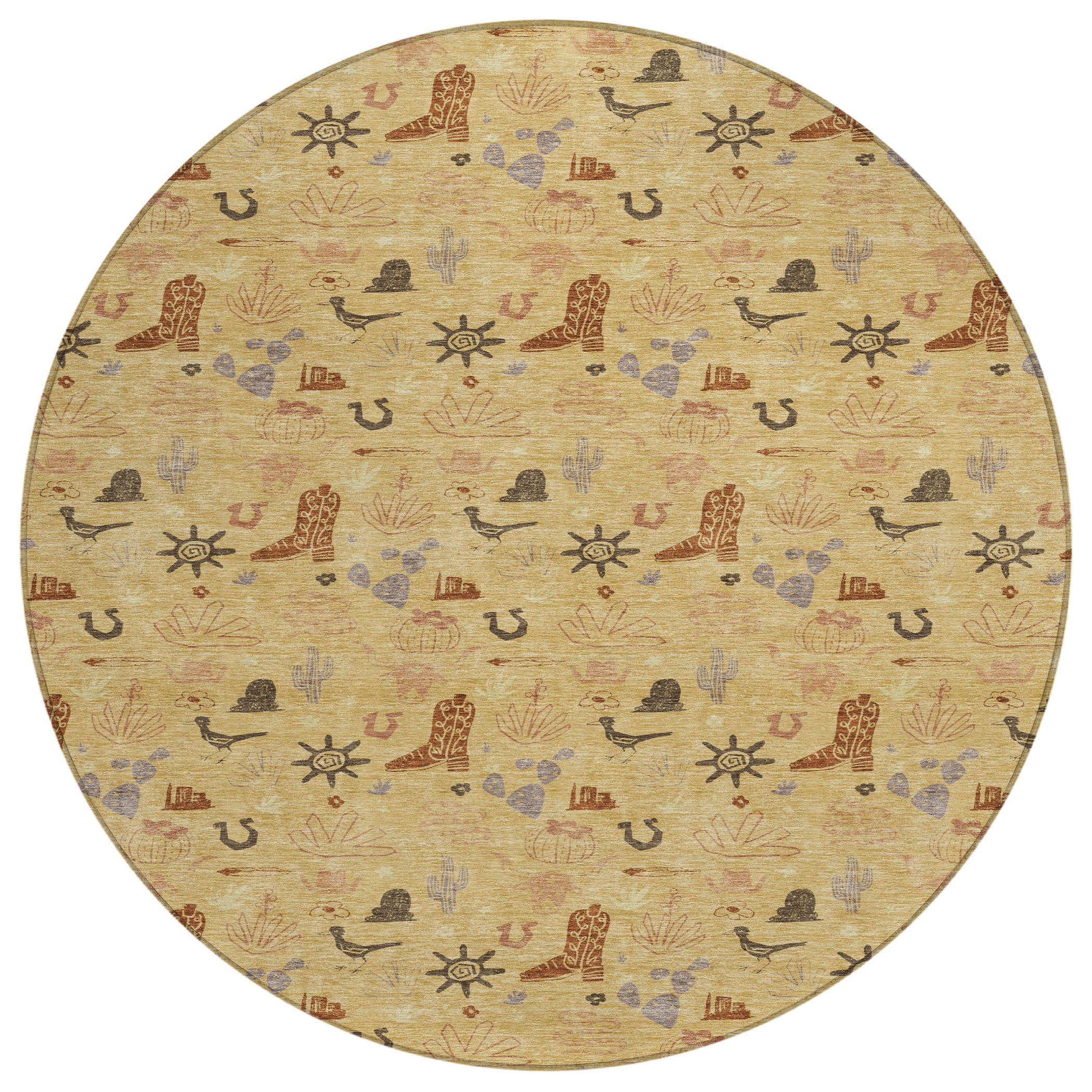 8' Gold And Orange Round Cactus Washable Indoor Outdoor Area Rug - Sports & Outdoor