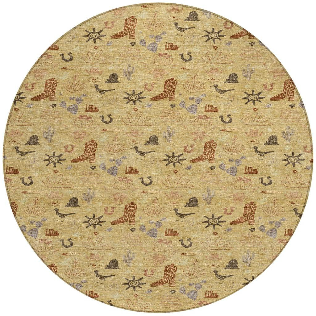 8' Gold And Orange Round Cactus Washable Indoor Outdoor Area Rug - Sports & Outdoor