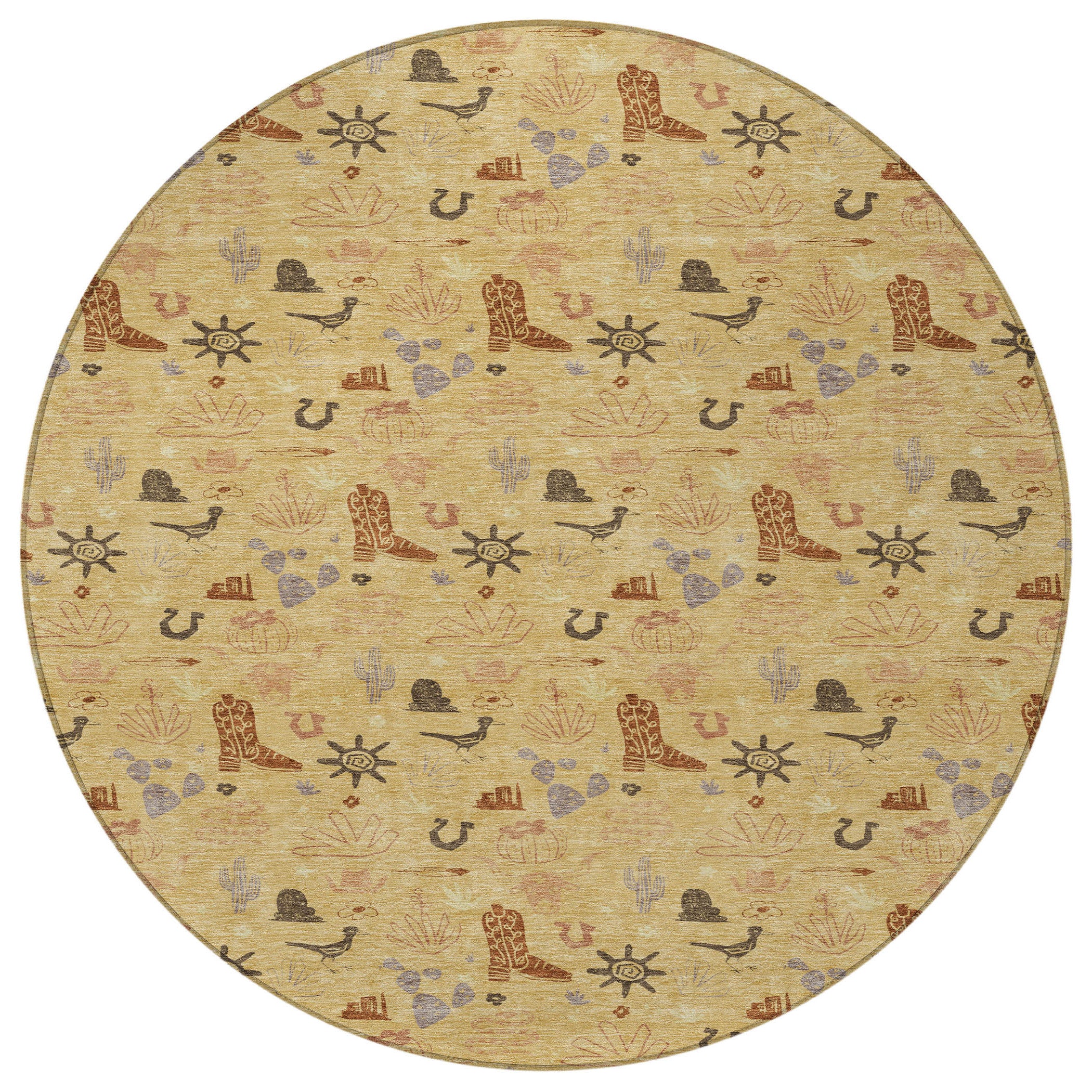 8' Gold And Orange Round Cactus Washable Indoor Outdoor Area Rug - Sports & Outdoor