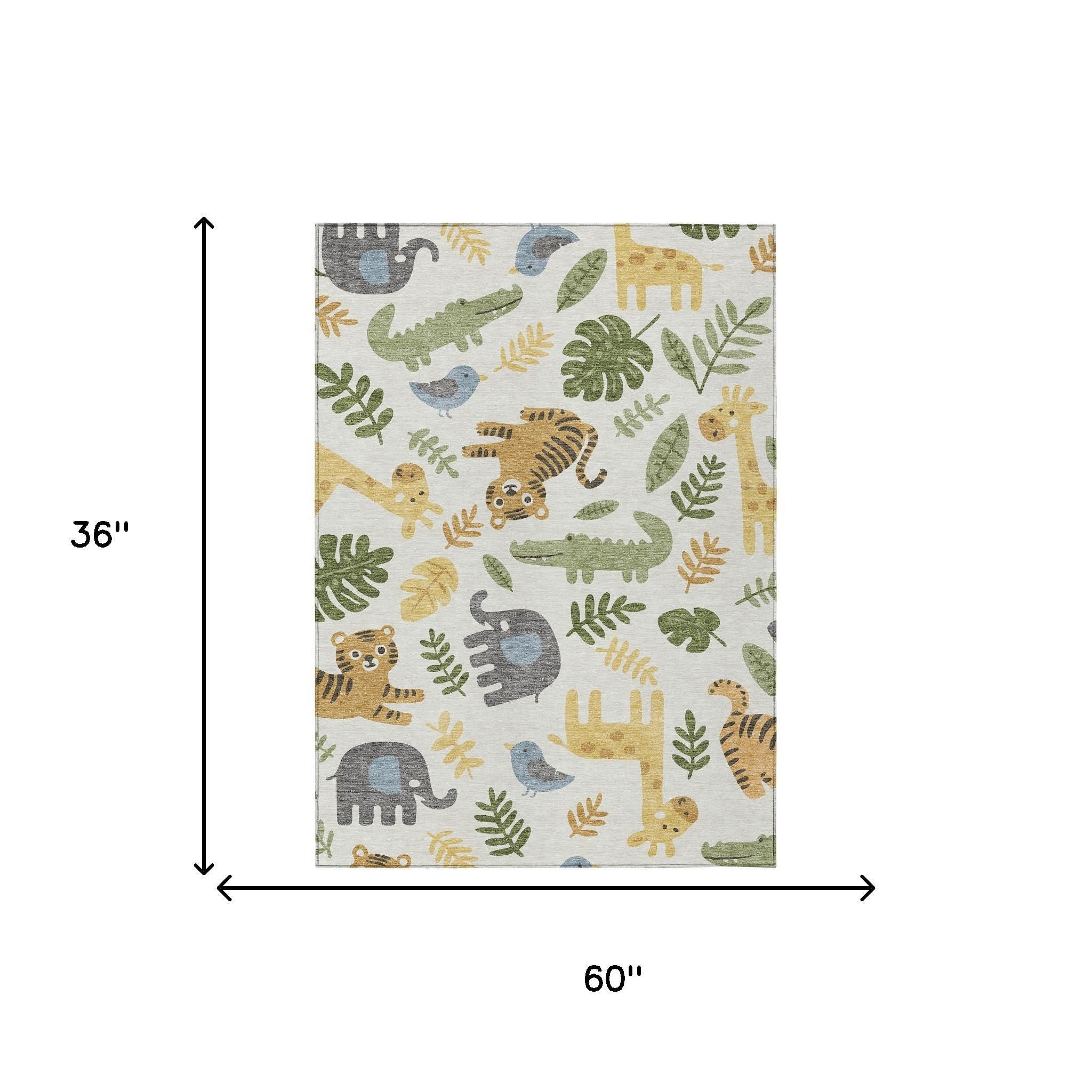 Ivory abstract rug, 60 in x 36 in, with multicolor animal pattern and leaves