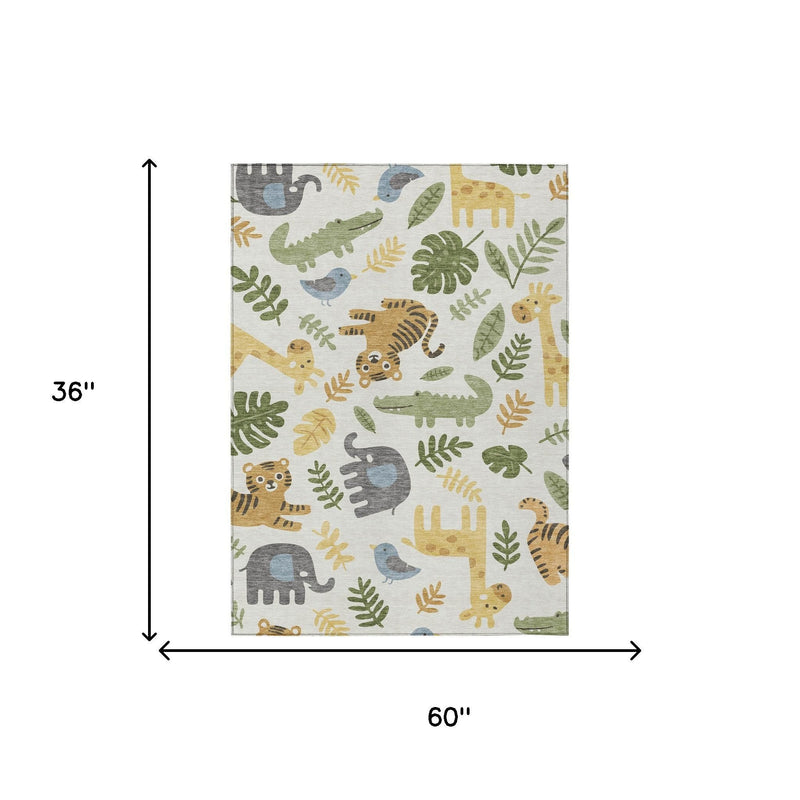 Ivory abstract rug, 60 in x 36 in, with multicolor animal pattern and leaves