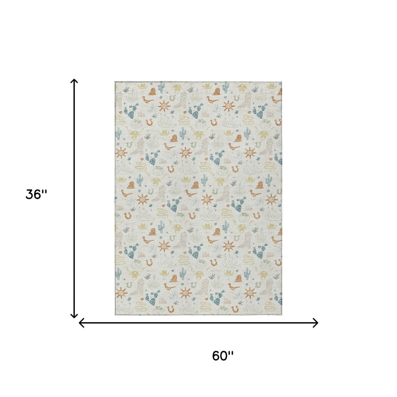 Ivory rug size 60 in x 36 in with repeating cactus and desert icon pattern