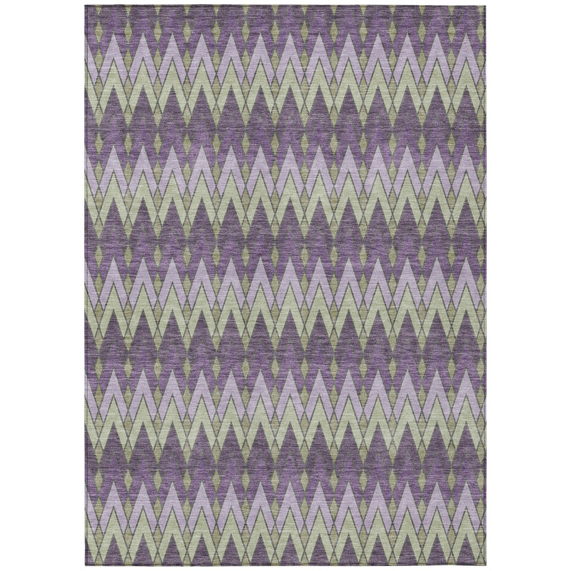 Full view purple and plum geometric chevron area rug on a light ground