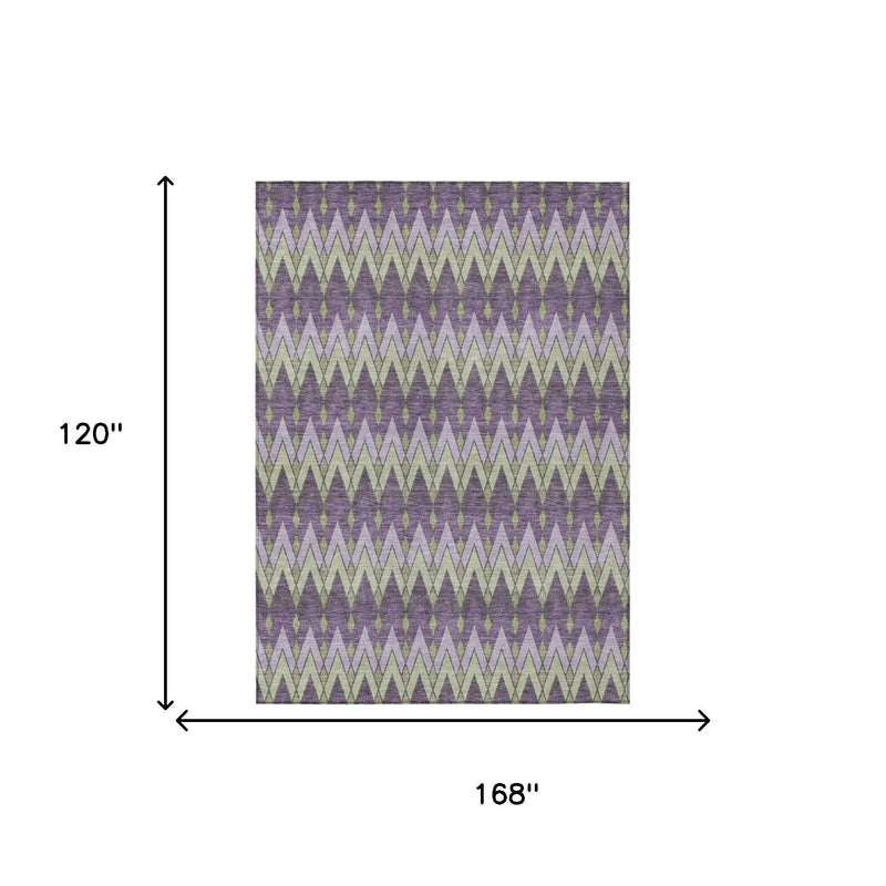 Purple and plum geometric area rug with measurements shown: 168 in x 120 in