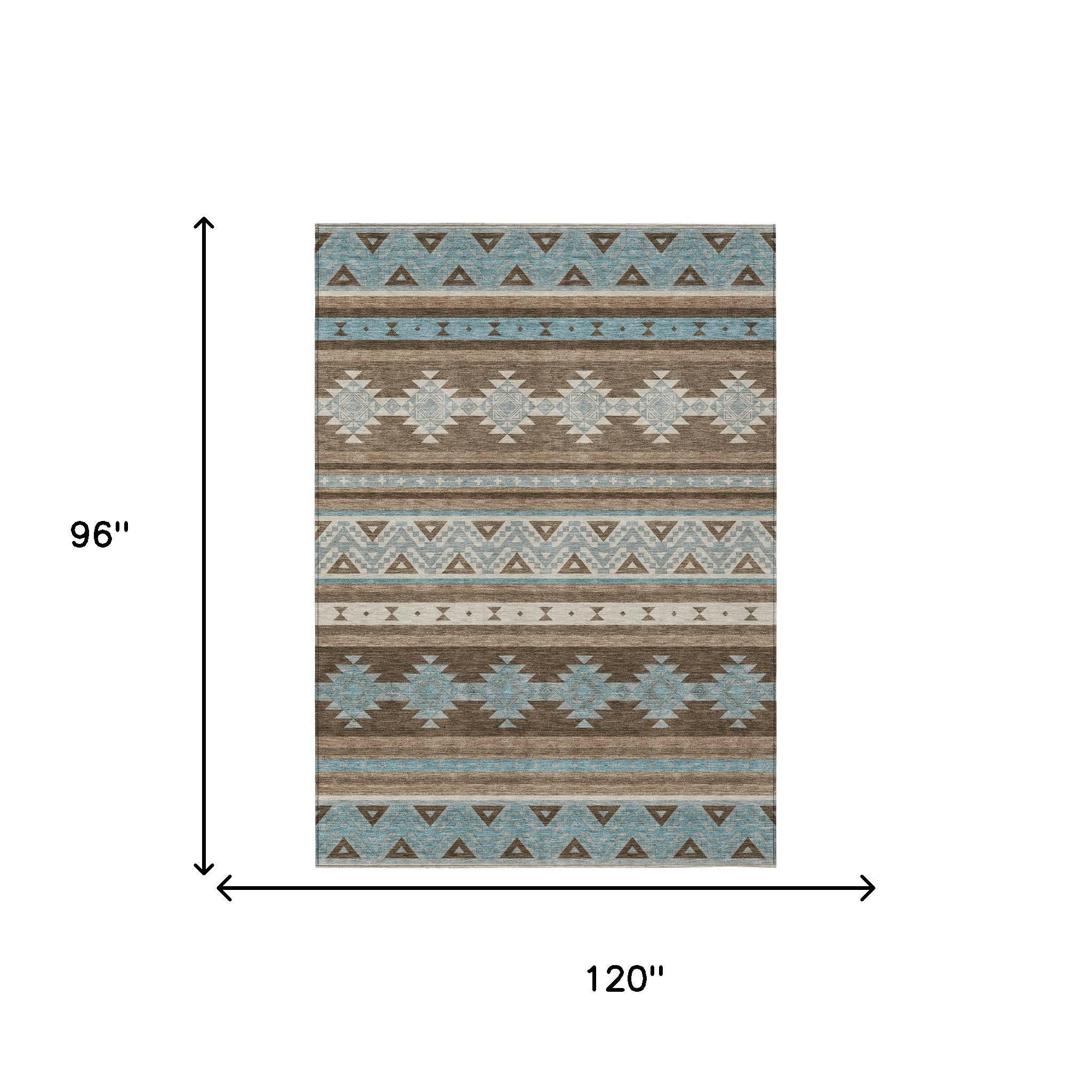 8' X 10' Chocolate And Teal Blue Southwestern Washable Indoor Outdoor Area Rug - Sports & Outdoor