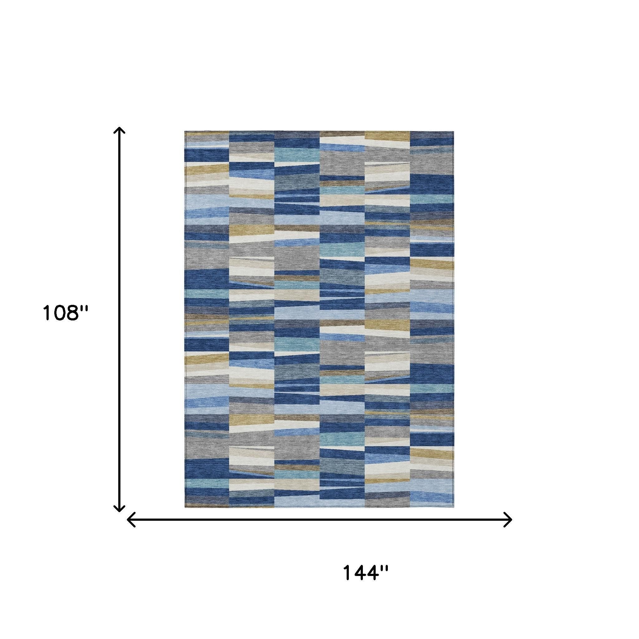Rectangular patchwork area rug with blue, gray, and cream striped square block design