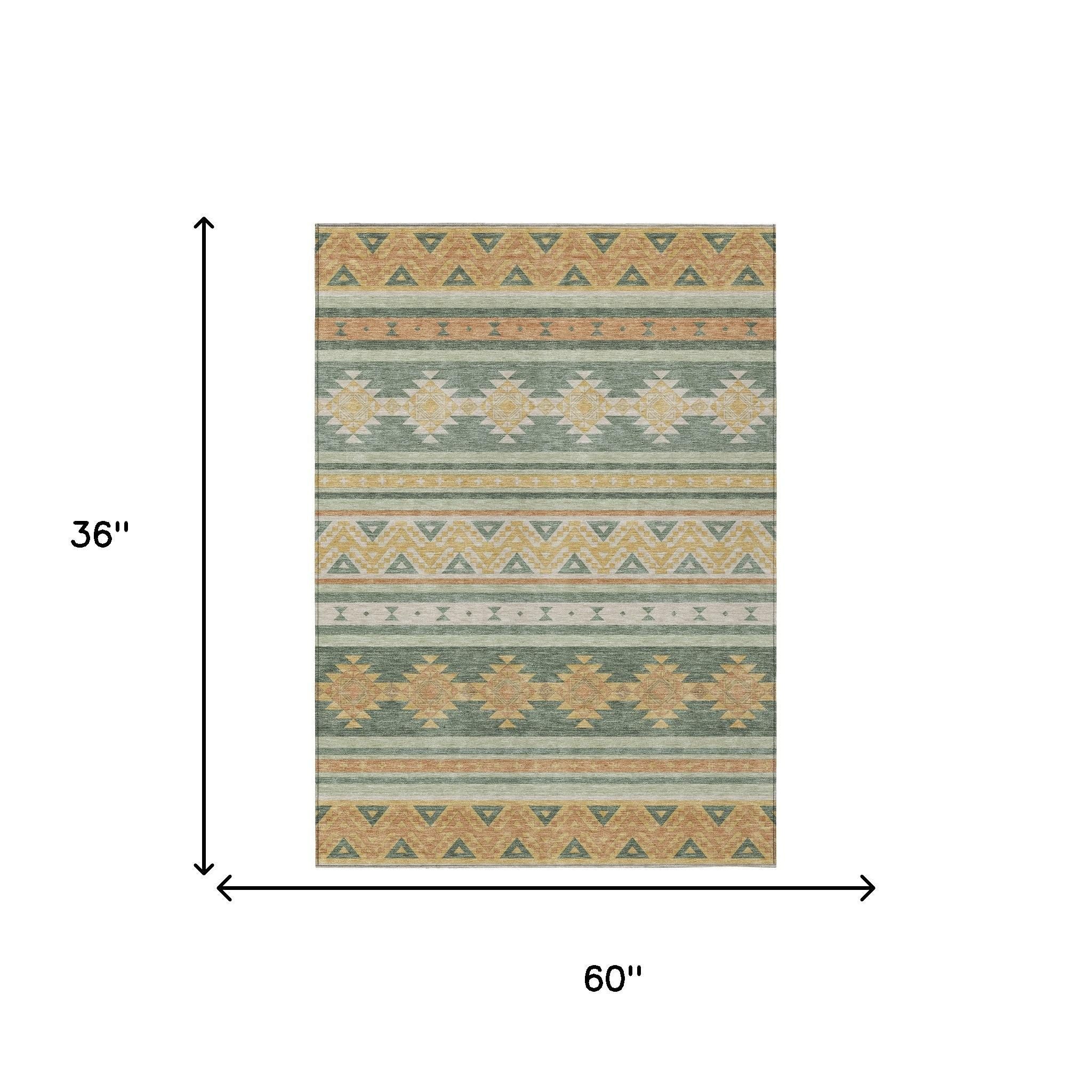 3' X 5' Green And Gold Southwestern Washable Indoor Outdoor Area Rug - Sports & Outdoor