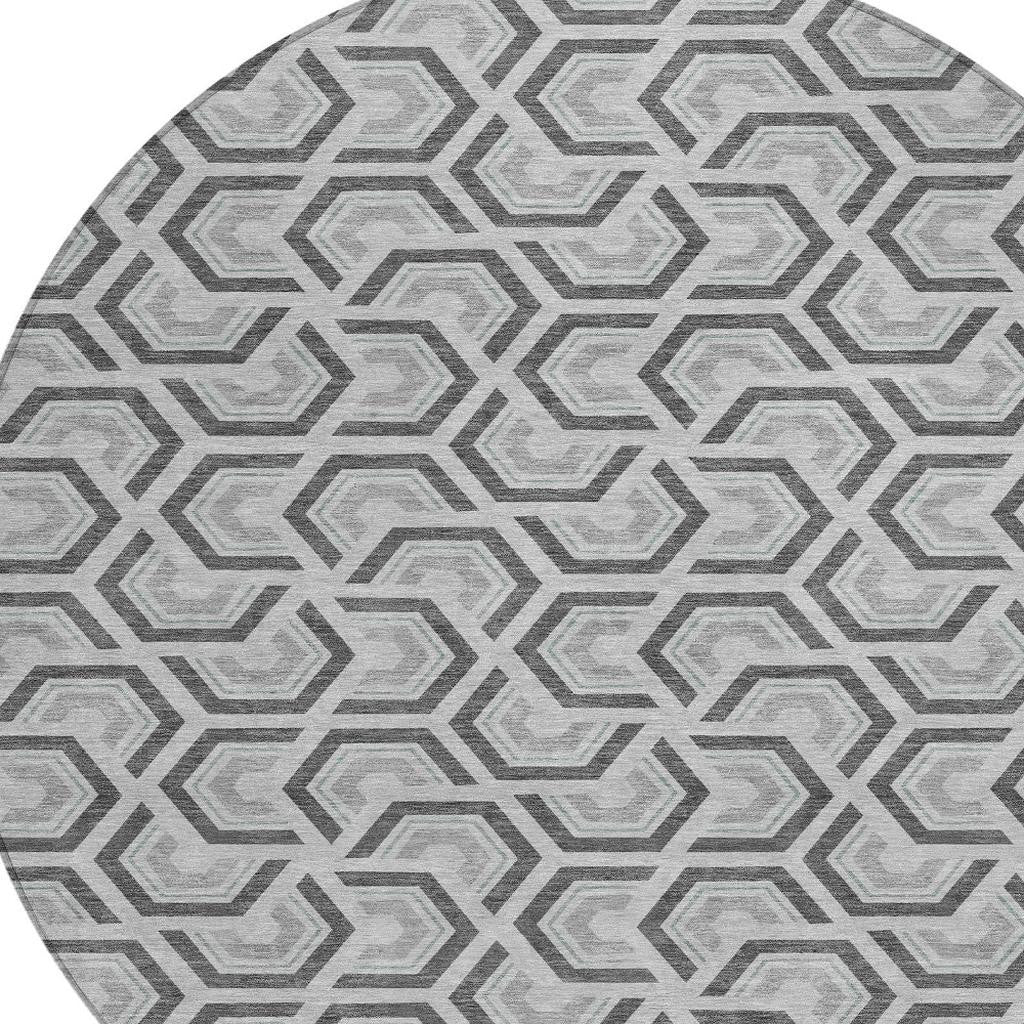 8' Silver And Graphite Round Geometric Washable Indoor Outdoor Area Rug - Sports & Outdoor