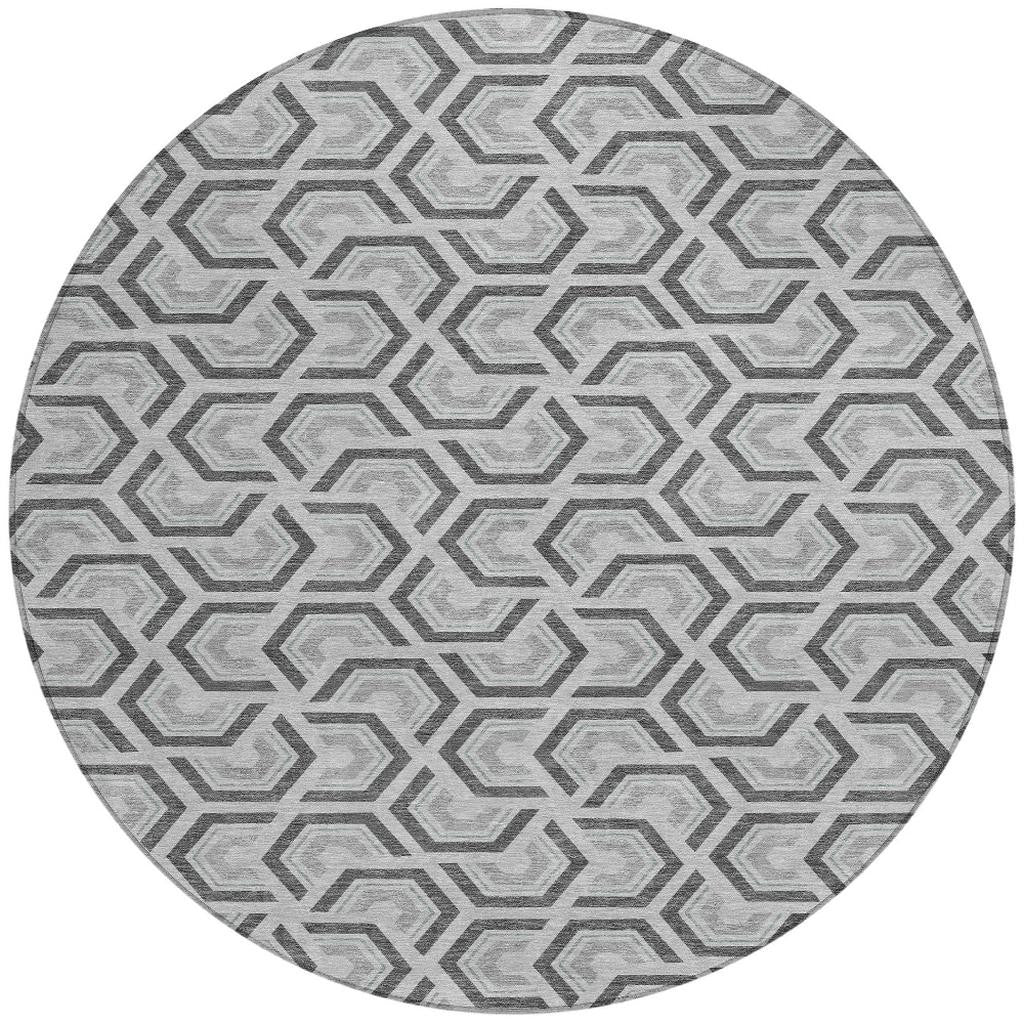 8' Silver And Graphite Round Geometric Washable Indoor Outdoor Area Rug - Sports & Outdoor