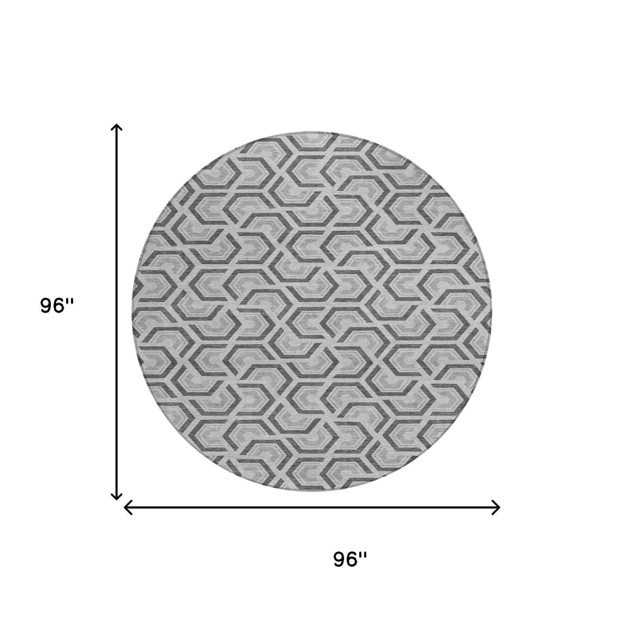 8' Silver And Graphite Round Geometric Washable Indoor Outdoor Area Rug - Sports & Outdoor
