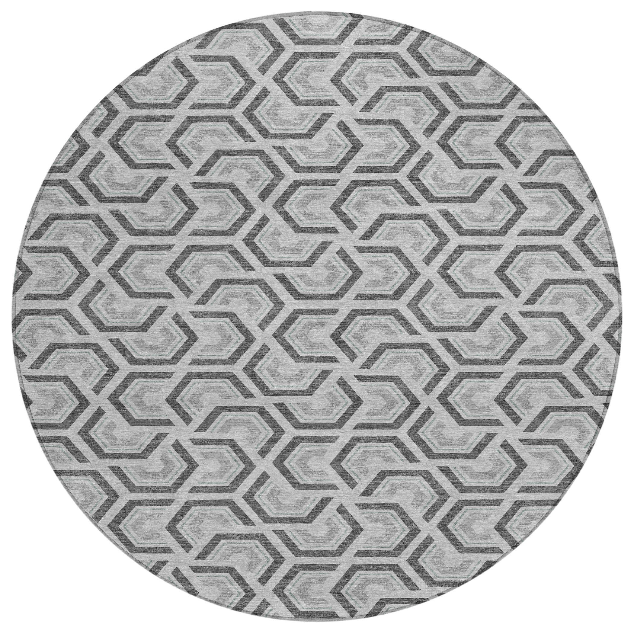 8' Silver And Graphite Round Geometric Washable Indoor Outdoor Area Rug - Sports & Outdoor