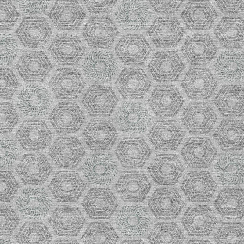 Granite gray and silver geometric area rug with repeating hexagon pattern texture