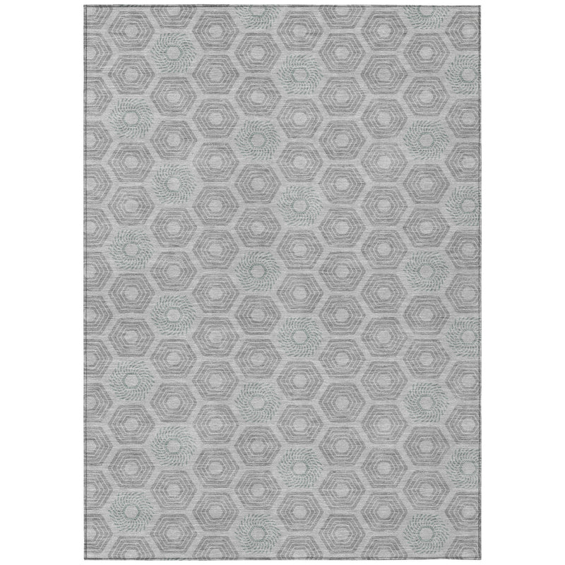 Silver and granite gray geometric area rug, full view with border and repeating hex pattern