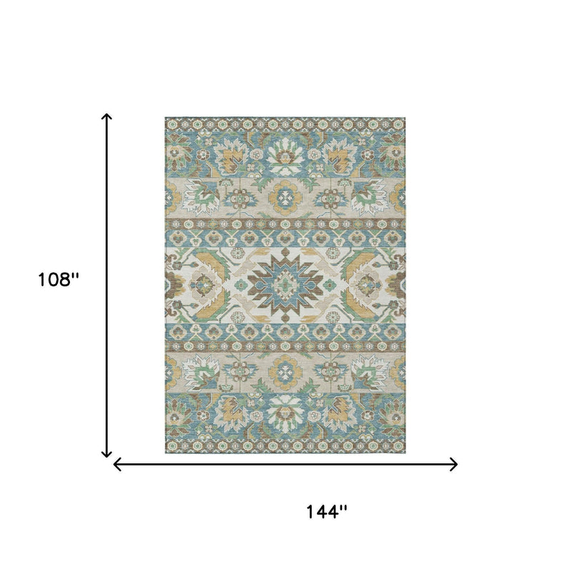 Teal and ivory area rug shown with 144 in by 108 in dimensions