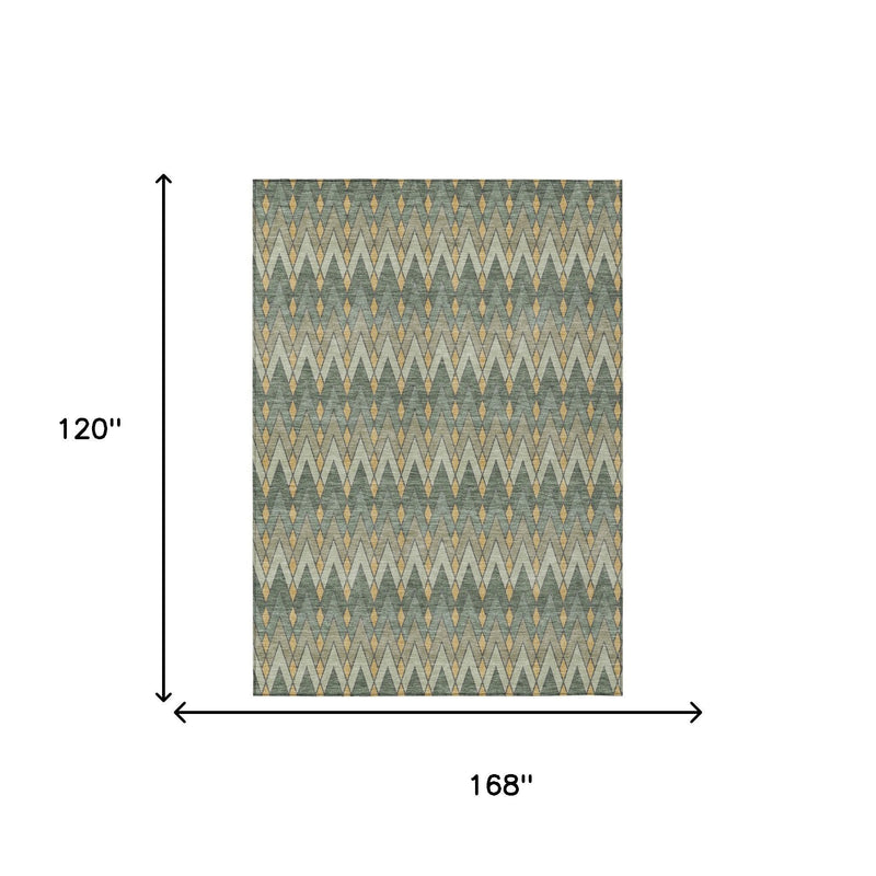 Geometric area rug layout diagram, 168 in x 120 in, green and gold pattern.