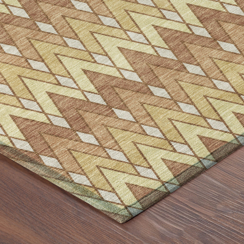 Rug corner detail on wood floor featuring zigzag geometric weave in tan, rust, and cream
