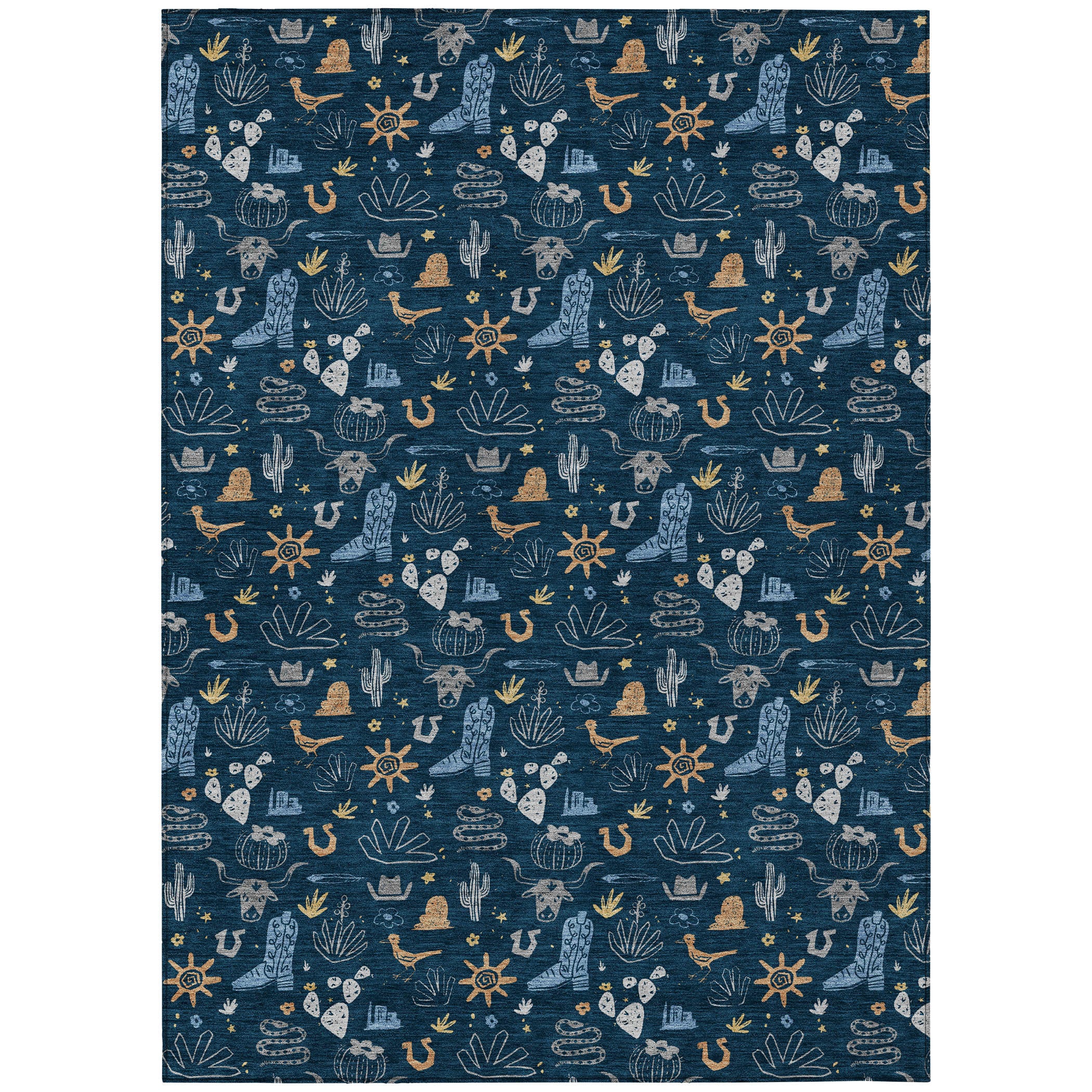 8' X 10' Navy Blue And Denim Blue Cactus Washable Indoor Outdoor Area Rug - Sports & Outdoor