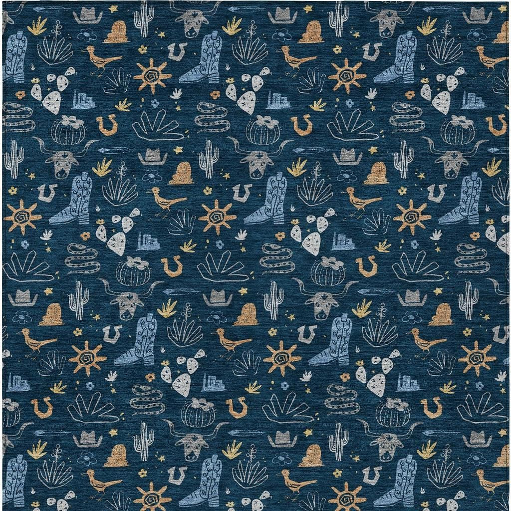 8' X 10' Navy Blue And Denim Blue Cactus Washable Indoor Outdoor Area Rug - Sports & Outdoor