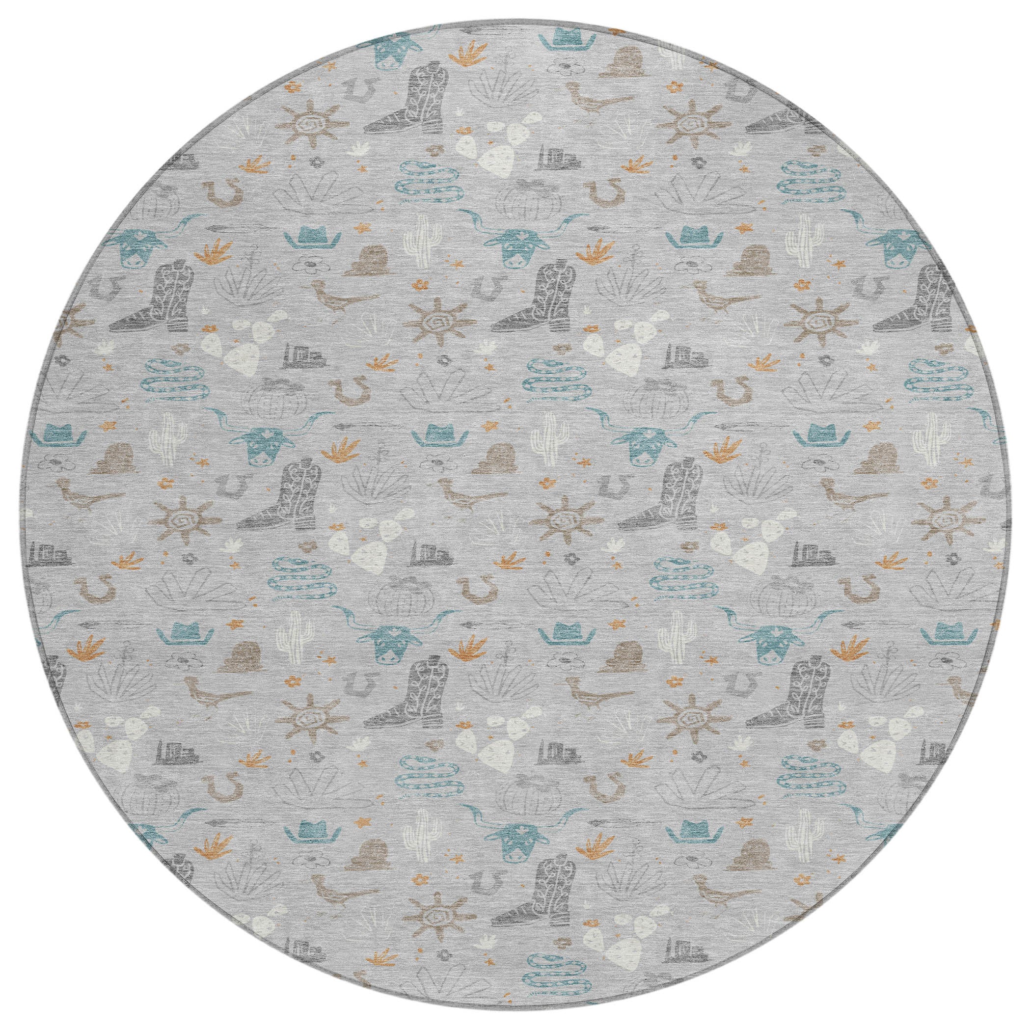 8' Silver And Teal Blue Round Cactus Washable Indoor Outdoor Area Rug - Sports & Outdoor