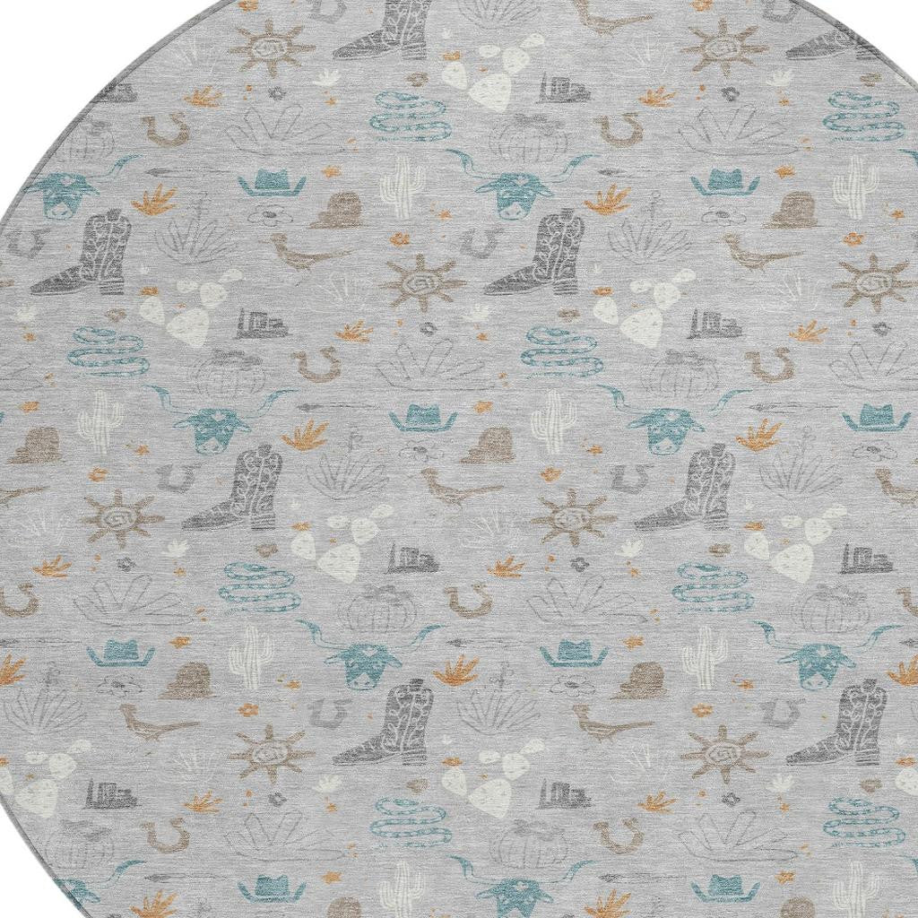 8' Silver And Teal Blue Round Cactus Washable Indoor Outdoor Area Rug - Sports & Outdoor