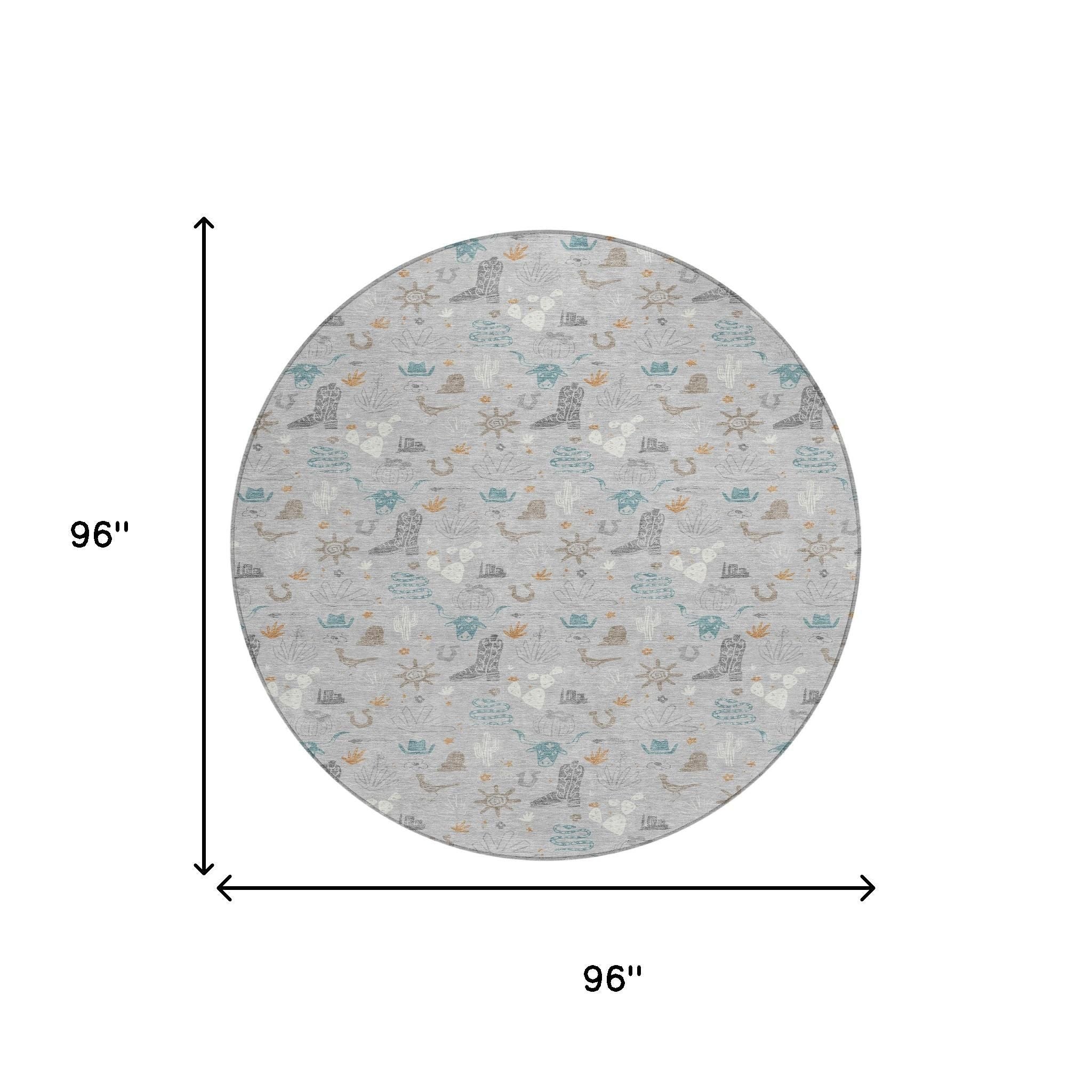 8' Silver And Teal Blue Round Cactus Washable Indoor Outdoor Area Rug - Sports & Outdoor