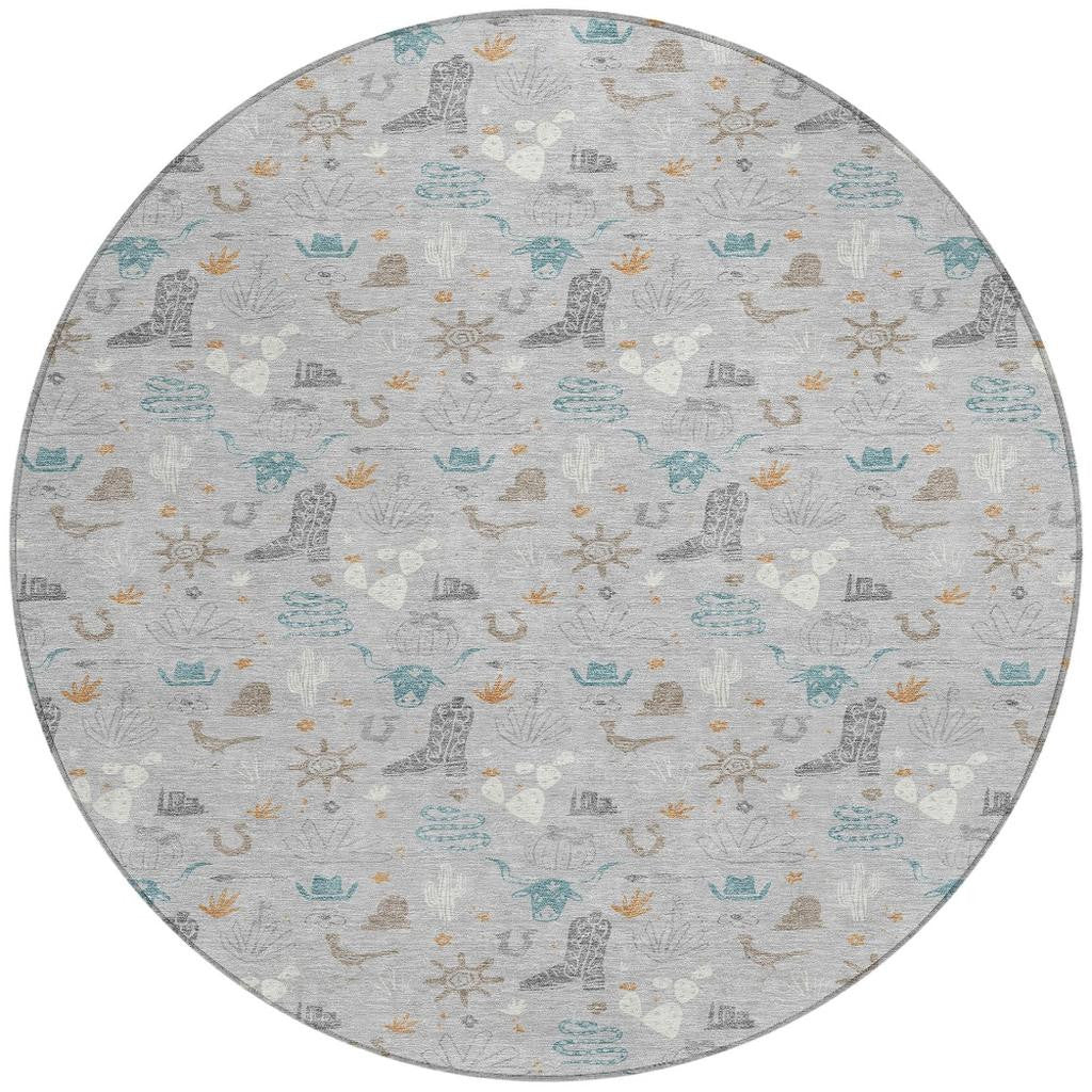 8' Silver And Teal Blue Round Cactus Washable Indoor Outdoor Area Rug - Sports & Outdoor