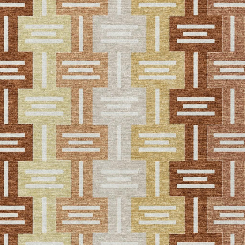 Geometric rug close-up with cream, brown, and pale green stripe patterns