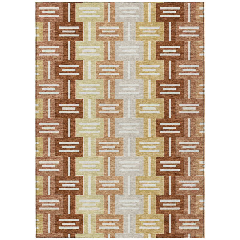 Geometric area rug with brown, cream, gold, yellow, and white stripe design