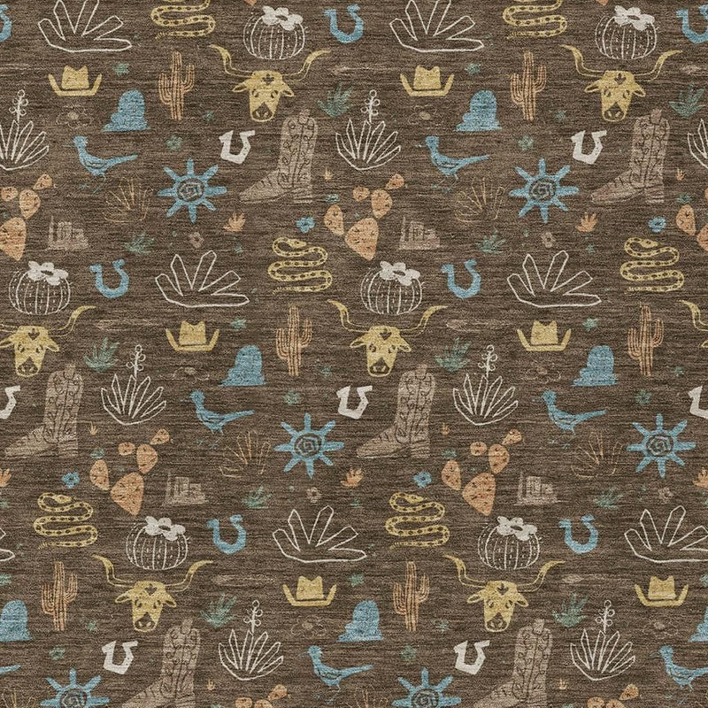 Brown area rug pattern with cactus, saguaro shapes, and small desert icons in teal