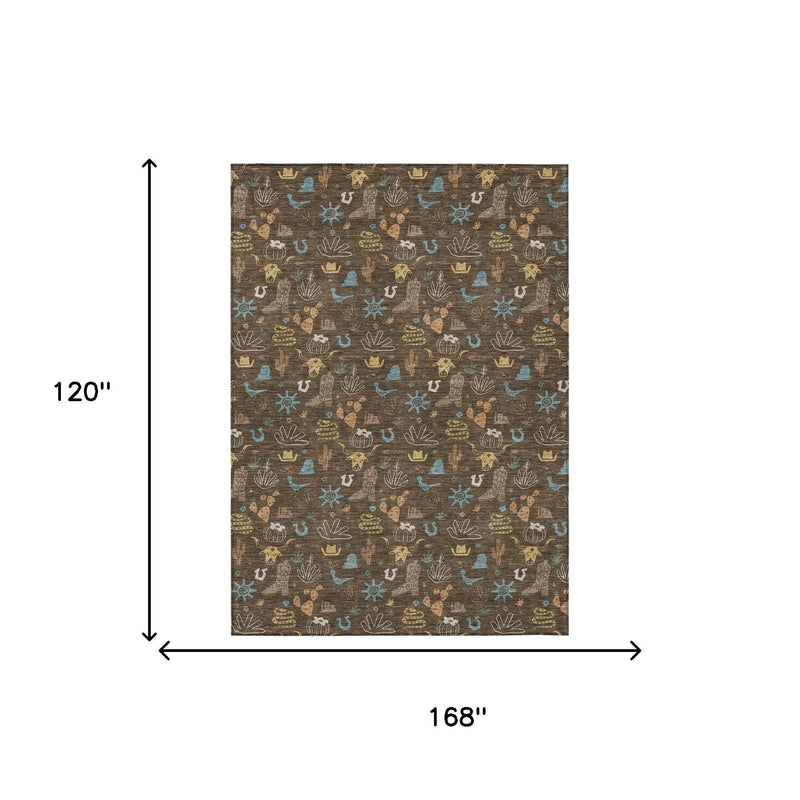 Rectangular brown area rug with cactus and desert icon pattern in teal and cream