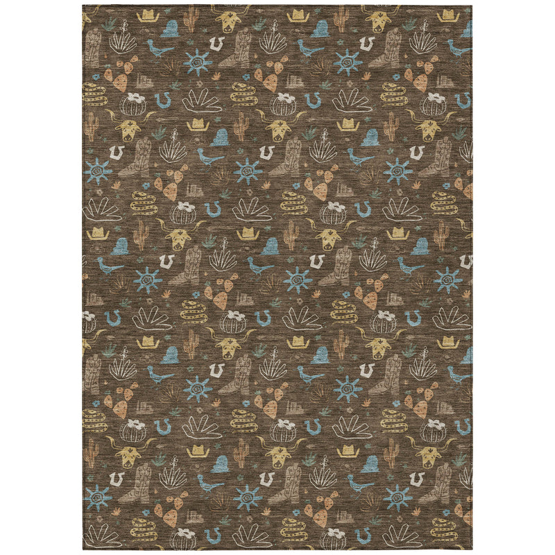 Full brown area rug with repeating cactus and desert icons in teal, blue, and cream