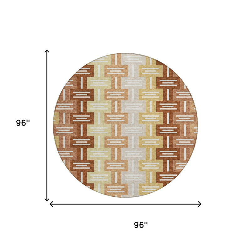 Round geometric area rug with brown and cream blocks; circular shape