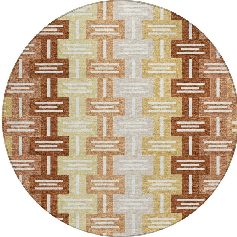 Close-up round rug with repeating brick-like geometric pattern in brown and cream