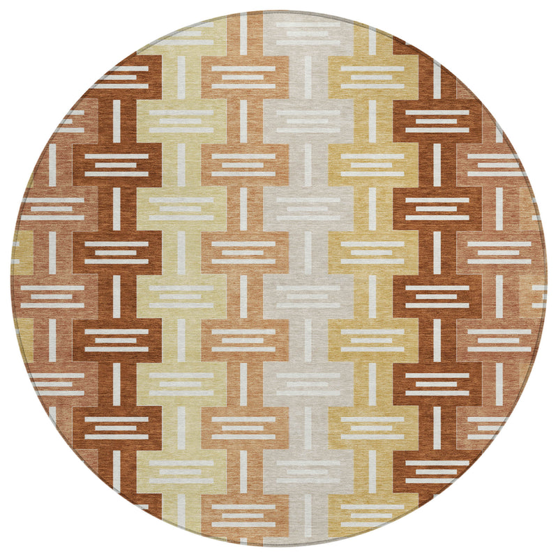 Round geometric area rug with repeating vertical brick shapes in brown, beige, and cream